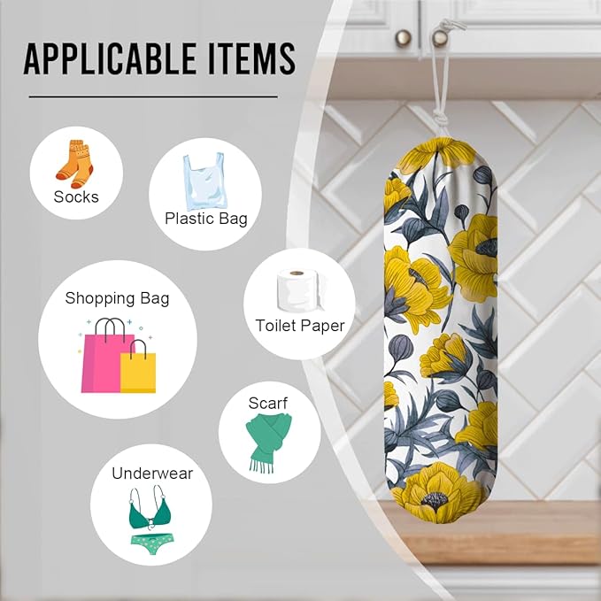 Yellow Floral Bag Holder, Shopping Trash Bags Storage Dispenser, Shopping Garbage Bags Carrier for Home, Kitchen, Travelling, Kitchen Housewarming Gifts for Women Family Friends Grandma Mom