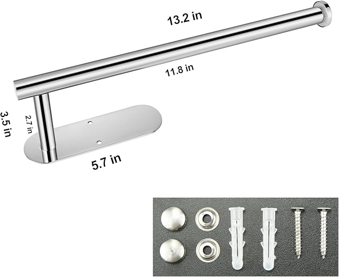 Paper Towel Holder with 2 Hooks-Under Cabinet Paper Towel Holder for Kitchen, Self-Adhesive or Screws, Space Saving Wall Mounted Kitchen Roll Holder, Bathroom, Stainless Steel Chrome