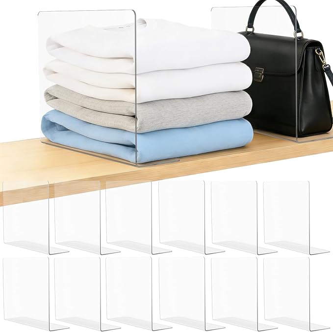 Shelf Dividers for Closet Organization: 12" Tall x 10" Deep Acrylic Closet Shelf Dividers for Clothes Sweater Purse - Free Standing Clear Separators for Shelves