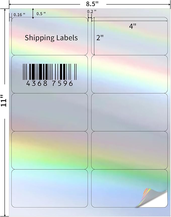 YEGAWEN Shipping Labels Stickers, 2"×4" Printable Holographic Mailing Labels for Laser/Inkjet Printing- Matte, Permanent Adhesive Sticker, Holographic Silver/ 20 Sheet