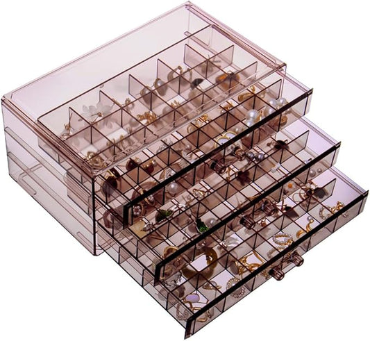 Earring Storage Box Organizer 3 Drawers Acrylic Jewelry Storage Box Holder Transparent Jewelry Display Stand with 72 Small Compartments Gift for Women Girls (Clear Purple Brown)