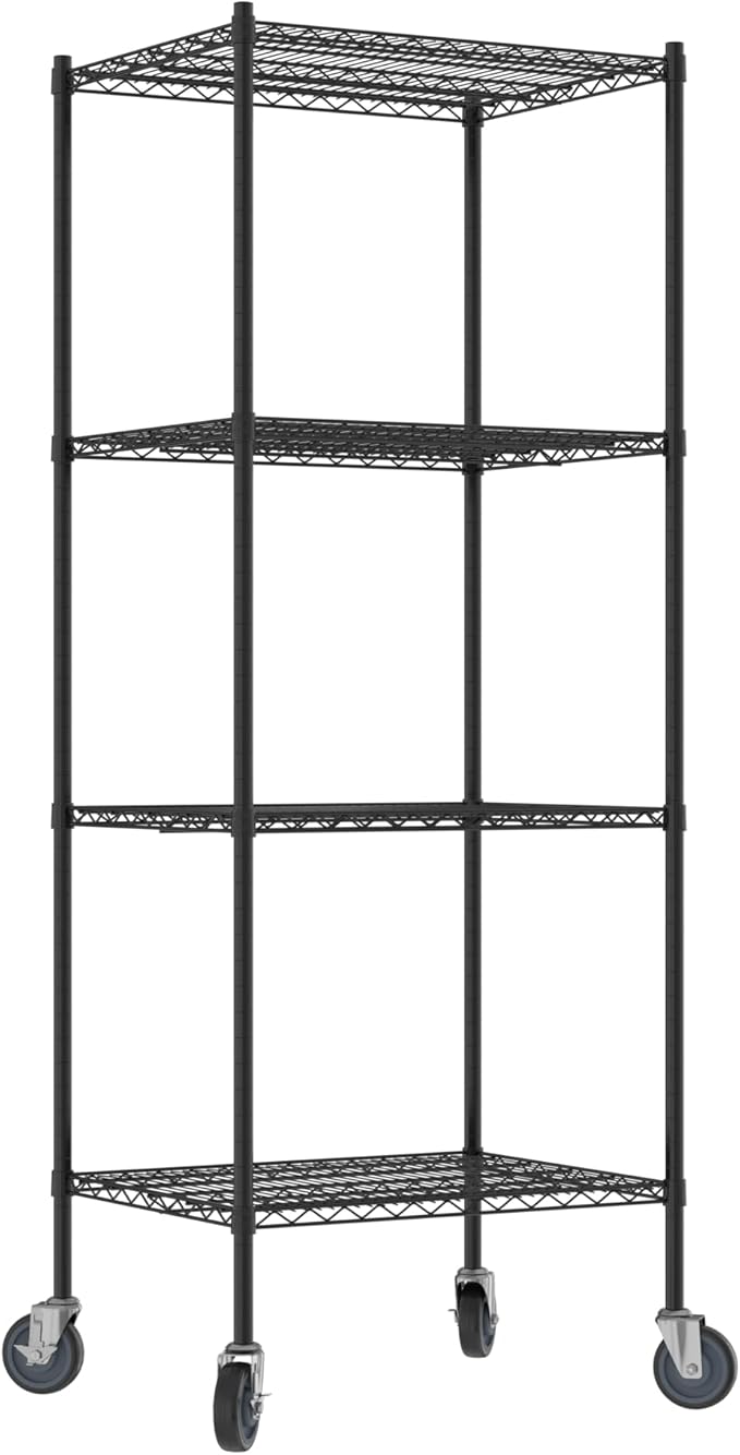 Commercial NSF Listed Black Epoxy Mobile Wire Shelving Kit 24" x 30" x 80", with 4 Shelves Perfect for Warehouse, Walk-in Refrigerator, Freezer, Grocery Store, Restaurant, Dishroom