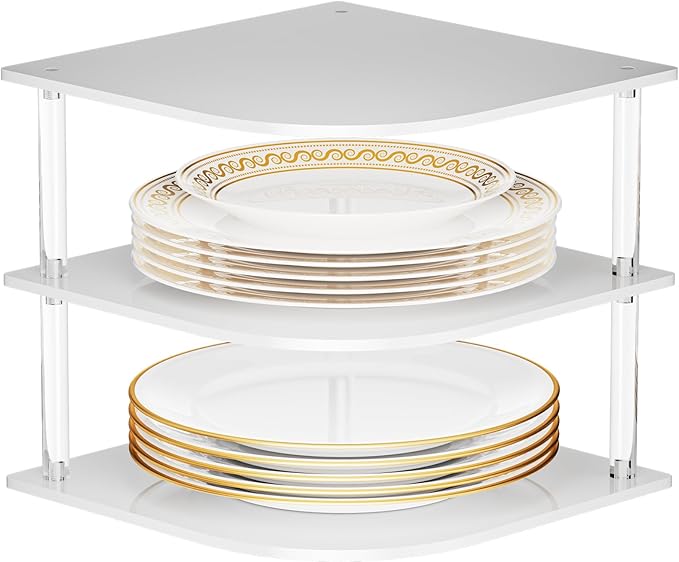 Plate Organizer for Cabinet Space Saver - Acrylic Corner Shelf for Dishes, Bowls, 3-Tier Kitchen Countertop Cabinet Organization, Dinner Plates Holder, and Small Shelf for Bathroom Storage - White