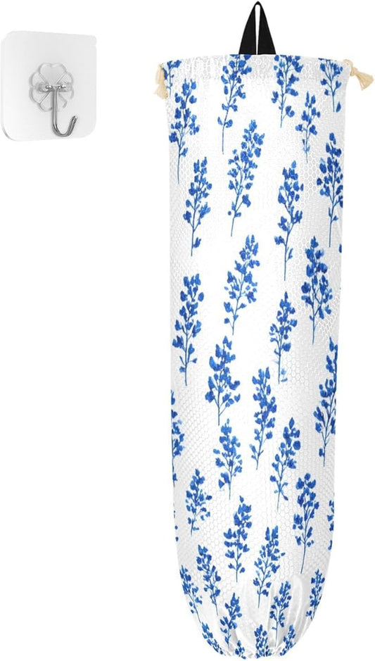 Plastic Bag Holder Wall Mount Grocery Bag Shopping Bag Storage Holder Organizer Dispenser with Adhesive Hook,for Kitchen Bathroom Home Decor 9x22 Inches Small Bluebonnet Flower16