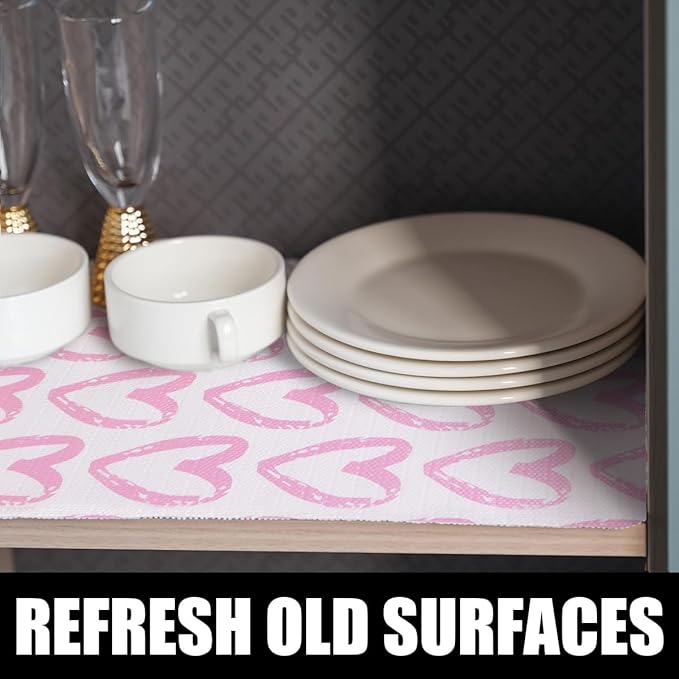 Amiitay Pink Heart Shelf and Drawer Liner for Cabinets, 12IN x 20FT Non-Adhesive and Strong Non-Slip Shelf Cabinet Drawer Liners for Kitchen,Table,Bookshelves,Waterproof Cupboard Liners,Easy to Clean