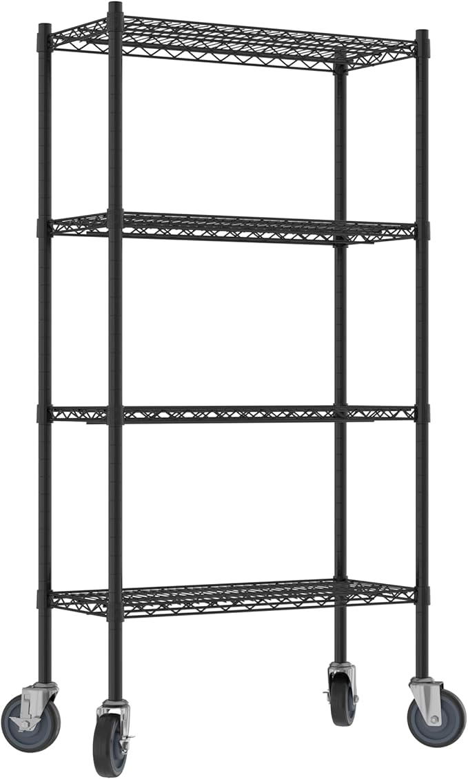 Commercial NSF Listed Black Epoxy Mobile Wire Shelving Kit 14" x 30" x 60", with 4 Shelves Perfect for Warehouse, Walk-in Refrigerator, Freezer, Grocery Store, Restaurant, Dishroom