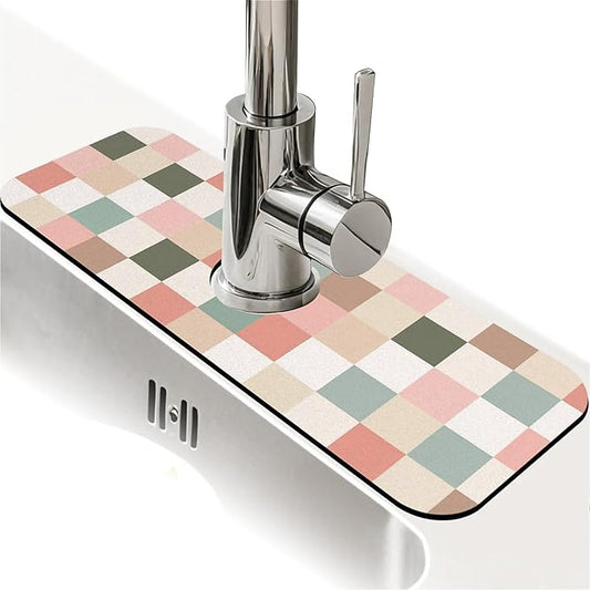 Kitchen Sink Splash Guard，Beige pink green checkered Faucet Mat Sink Gadgets-Super Absorbent Fast Drying Mat Drip Catcher for Kitchen, Bathroom,Sink Mat, Dish Drying Mat, Bathroom(15" X 5.5" )