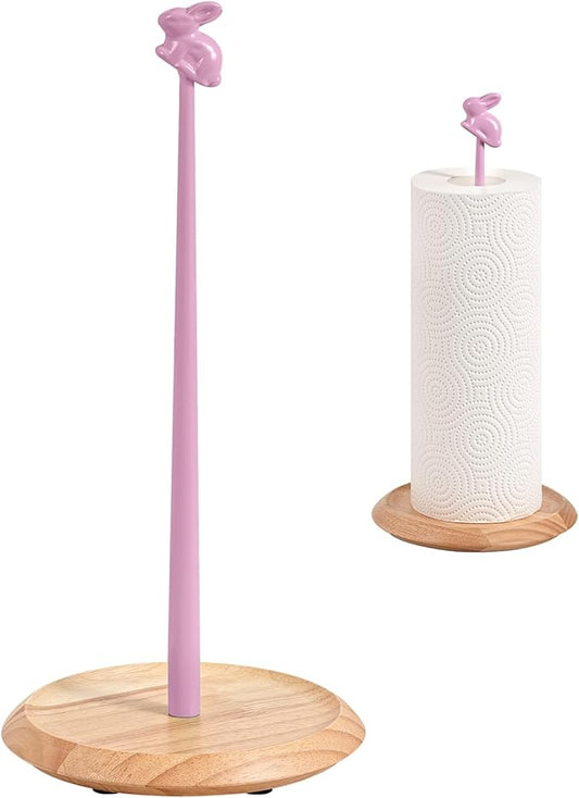 Wooden Paper Towel Holder Countertop, Cute Bunny Design - Natural Solid Wood Base with Iron Rod,Paper Towel Holder countertop for Kitchen Roll Organizing, Dining Table & Home Décor