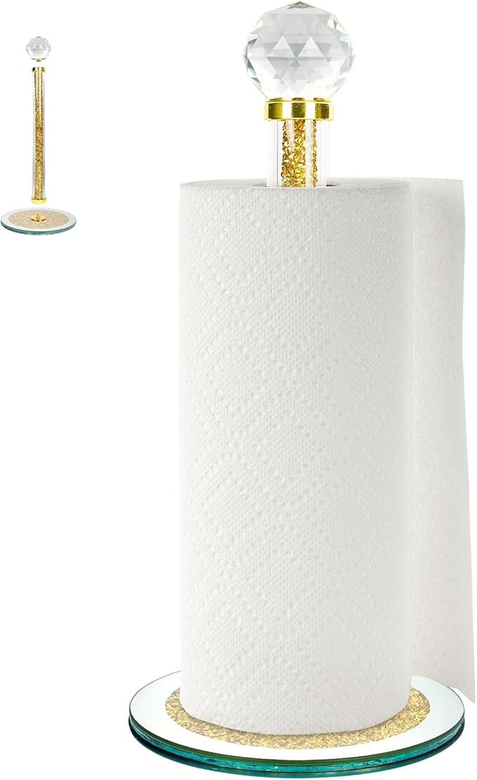 Decorative Paper Towel Holder, Gold Crystal Paper Towel Dispenser, Crushed Diamond Home Decor Toilet Roll Holder Stand with Heavy Base, Freestanding Paper Holder for Kitchen, Bathroom (Round/Gold)