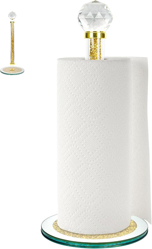 Decorative Paper Towel Holder, Gold Crystal Paper Towel Dispenser, Crushed Diamond Home Decor Toilet Roll Holder Stand with Heavy Base, Freestanding Paper Holder for Kitchen, Bathroom (Round/Gold)