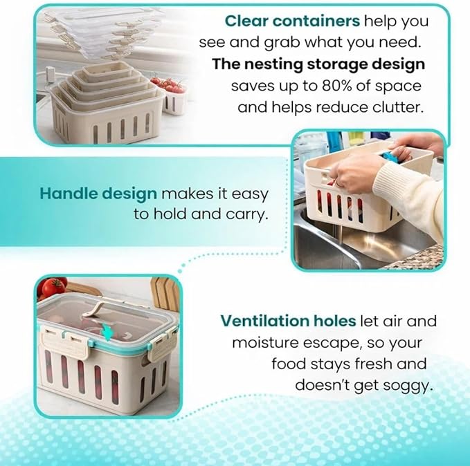 DAZZLEREE Fruit Containers for Fridge Keep Fresh, 5-Pack Produce Containers for Fridge with Lids, Meal Prep Containers, Food Organizer with Removable Colander, Microwave & Dishwasher Safe (White)