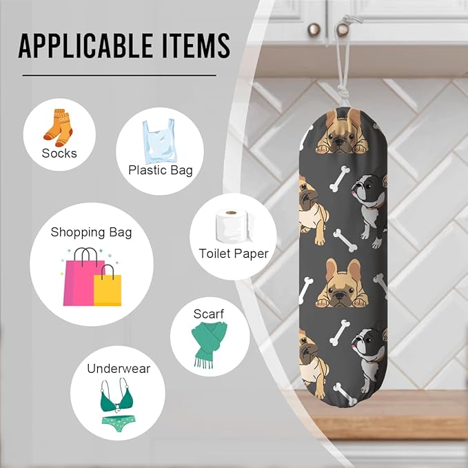 Dogs Plastic Bag Holder, Reusable Washable Shopping Bags Storage Carrier, Animal Prints Fabric Garbage Trash Bag Dispenser for Home Kitchen Pantry Cabinet, Wall Mount, Housewarming Gifts for Dog Mom