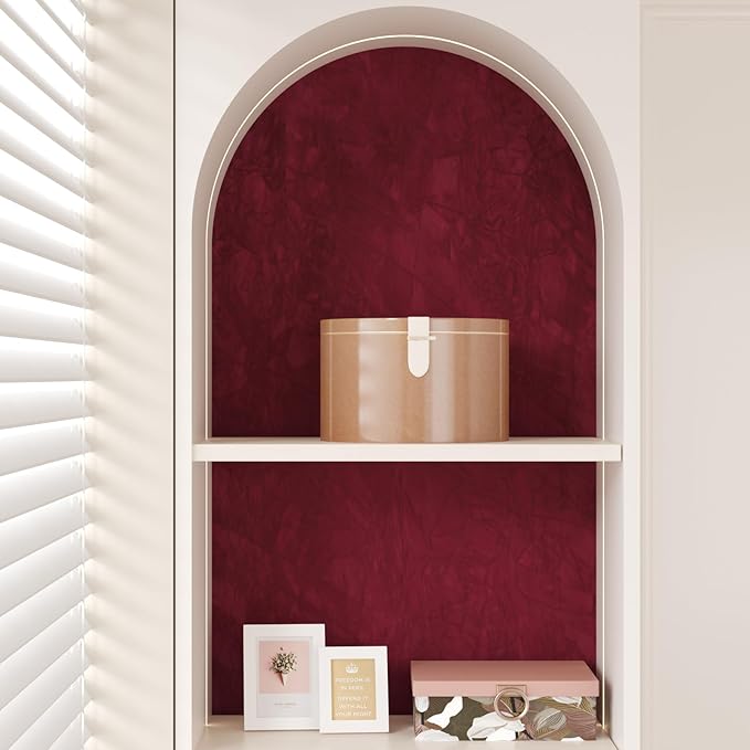 CHIHUT Dark Red Velvet Drawer Liner Soft Creased Velvet Contact Paper for Cabinet Shelf Liner Self Adhesive Red Wallpaper Peel and Stick Thick Flocking Fabric Roll for Jewelry Box Dresser 12"x472"