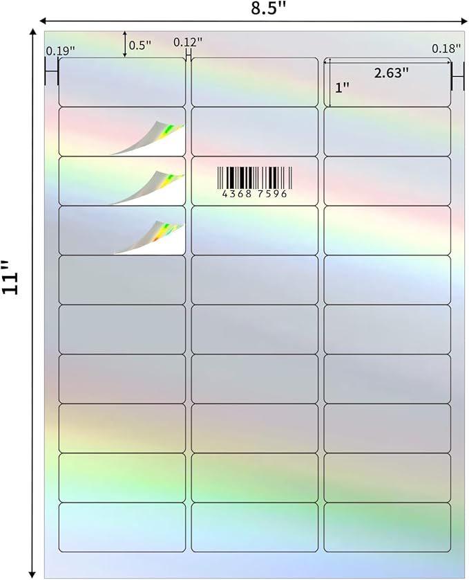 YEGAWEN 1" x 2-5/8" Address Labels- Holographic Color Stickers for Laser/Ink Jet Printer mailing Labels 8.5"×11"- Holographic Silver/ 20 Sheet