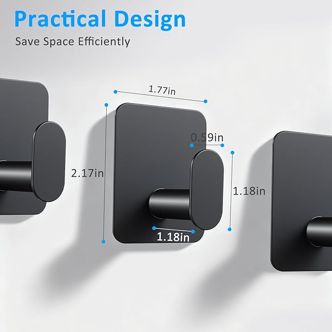 VZZNN Adhesive Wall Hooks 12 Pcs, Waterproof Matte Black Towel Hooks for Bathroom, Stainless Steel Sticky Hooks for Kitchen Shower with Strong Hold