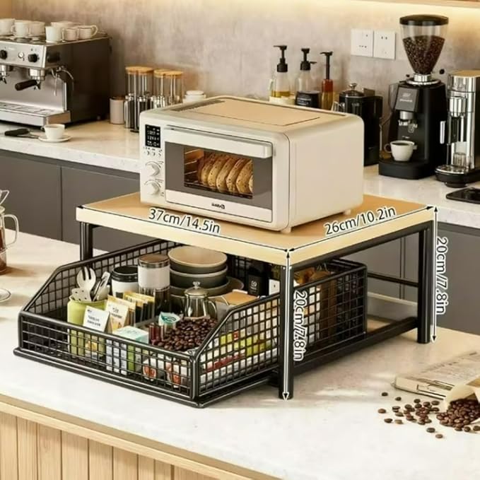 Kitchen Countertop Organizer with Drawer & Wire Basket, 3-Layer Fruit Storage Basket Snack Rack Hardwood, Desktop Pull-Out Metal Organizers for Coffee Maker Microwave Toaster & Spices (2-Layer Black)