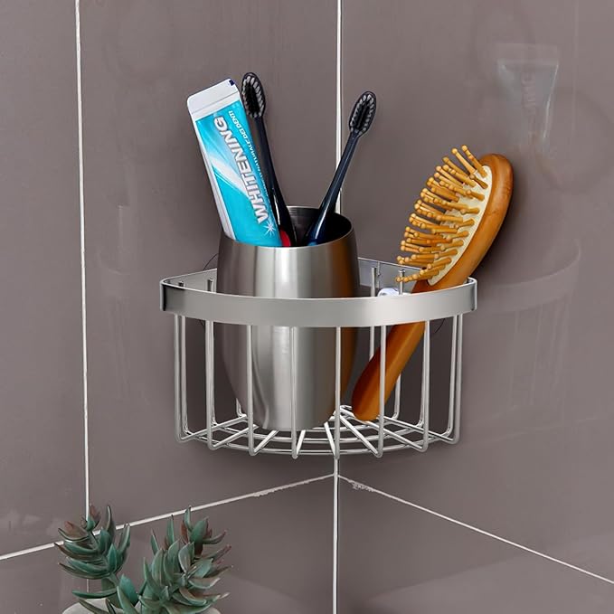 Housoutil Suction Sponge Holder, Movable 90°corner Sink Caddy Ith Strong Suction Cup, Stainless Steel Hollowed-out Caddy for Kitchen Bathroom