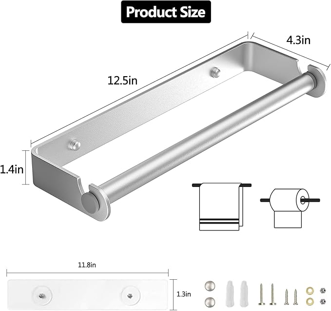 Under Cabinet Paper Towel Holder, Adhesive or Drill Mount Paper Towel Holder, Wall Mount Paper Towel Holders for Kitchen or Bathroom (Silver) 2 Pack