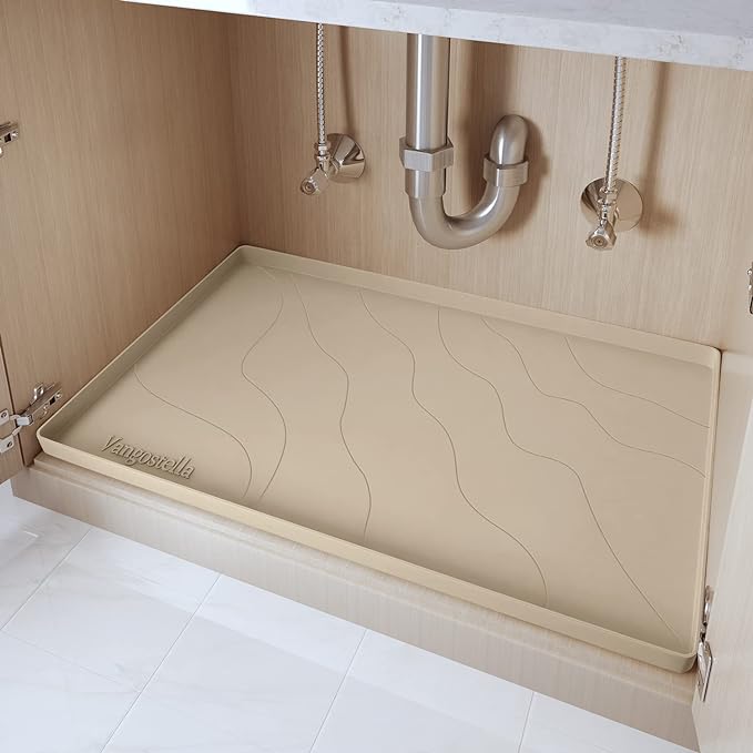 Vangostella Heavy Duty Silicone Under Sink Mat for Kitchen&Bathroom 28" x 19",Waterproof Under Sink Rubber Mat Drip Tray, Raised Edge Under Sink Liner,Prevent Drips, Leaks, Spills,Beige