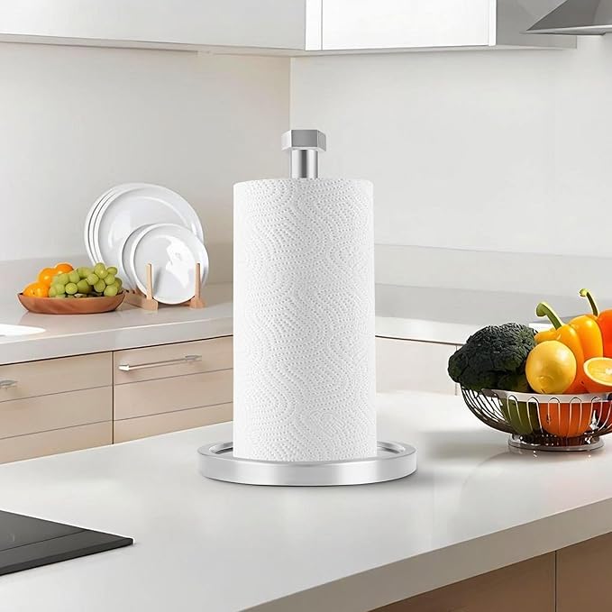 Paper Towel Holder Countertop, Stainless Steel Paper Towel Holder -Weighted Base, One-Handed Tear, Black Kitchen Roll Holder, Non-Slip Protect The countertop-New Silver
