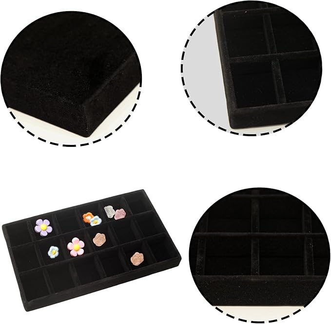 Velvet Jewelry Organizer Trays Black Stackable Jewelry Storage Display Tray with Removable Dividers, 18 Grids
