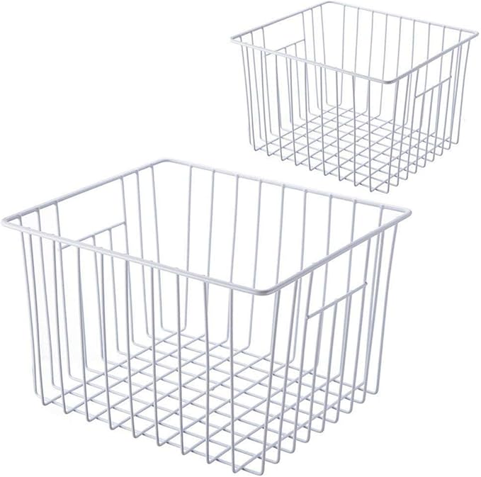 iPEGTOP Deep Refrigerator Freezer Baskets, Large Household Wire Storage Basket Bins Organizer with Handles for Kitchen, Pantry, Freezer, Cabinet, Closets, Pearl White, Set of 2