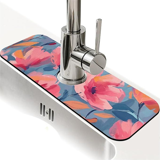 Kitchen Sink Splash Guard，Coral-colored flowers Faucet Mat Sink Gadgets-Super Absorbent Fast Drying Mat Drip Catcher for Kitchen, Bathroom,Sink Mat, Dish Drying Mat, Bathroom(15" X 5.5" )