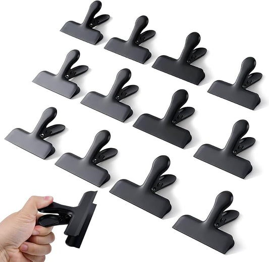 Chip Clips, 12Pcs Black Metal Bag Clips for Food Packages, Snack Chip Clip for Bags, Kitchen Snack Bag Clip for Food Packages and Office Home, 3 Inches