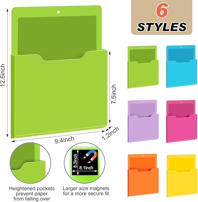 Fuutreo 6 Pcs Magnetic Wall File Organizer Magnetic Wall File Holder Refrigerator Magazine Holder for Mail Letters Paper(Bright Color,12.2 x 9.4 Inch)
