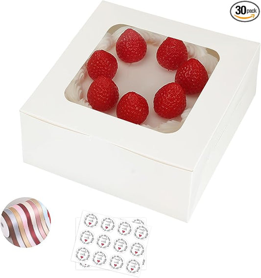 30pcs Cake Boxes with Window,10x10x5 Inches Bakery Boxes Treat Cookie Dessert Boxes Pastry Box for Cake,Chocolate Covered Strawberries,Cupcakes,Donuts,Baked Goods