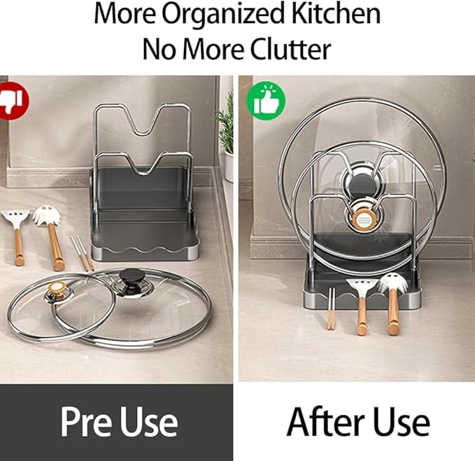 Kitchen Pot Lid Storage Rack, Pot Lid Holder With Tray, Lid Holder While Cooking, Lid And Spoon Rest, Multifunctional Kitchen Organizer Stand for Stove Top (Gray)