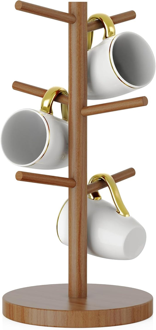 Wisuce Coffee Mug Holder, Bamboo Mug Tree with Thicker Base Coffee Cup Mug Stand for Counter, Mug Rack with 6 Hooks