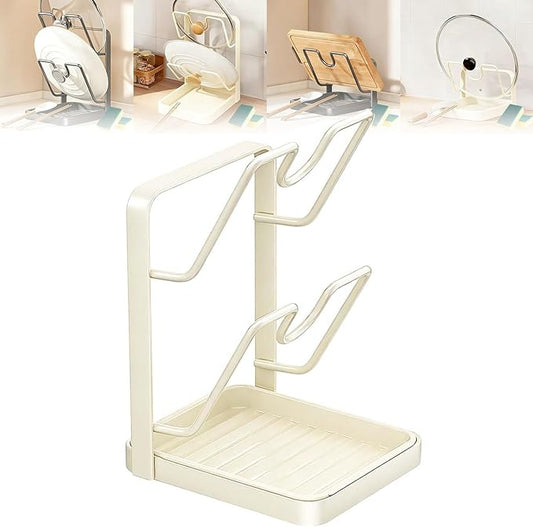Kitchen Pot Lid Storage Rack, Stainless Steel Pot Lid Holder While Cooking with Removable Drip Tray, Pot Lid Organizer Rack for Countertop, Kitchen Pot Lid Holder & Utensil Rest (Begie, Double-layer)