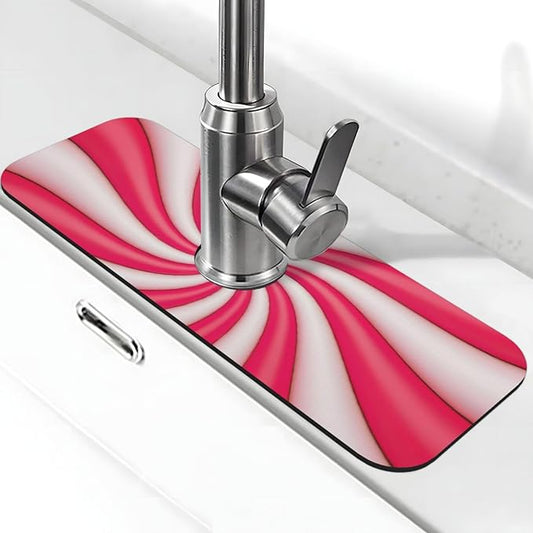 Christmas Lollipop Swirl Candy Sugar Red White Cute Kitchen Sink Splash Guard Faucet Mat 1 Pcs, Absorbent Fast Drying Mat Gadgets Splash Guard For Bathroom 15 X 5.5 Inches