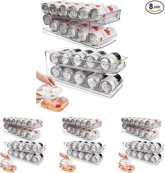 8 Pack Rolling Soda Can Dispenser for Refrigerator with 1 Pack Ice Ball Maker, Pantry Organization and Storage 2-Layer Beverage Holder for Fridge, Clear