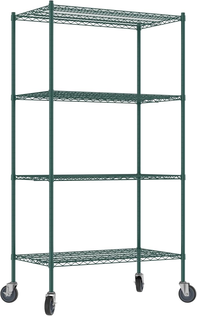 Commercial NSF Listed Green Epoxy Mobile Wire Shelving Kit 24" x 42" x 80", with 4 Shelves Perfect for Warehouse, Walk-in Refrigerator, Freezer, Grocery Store, Restaurant, Dishroom