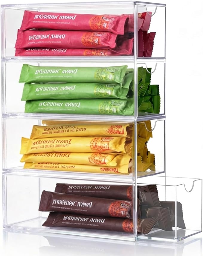 Drink Packet Organizer, Water Packet Holder with 4 Clear Drawers, Clear Acrylic Drink Mix Holder, Kitchen Storage Organizers for Kitchen Bins Cabinets Organizer