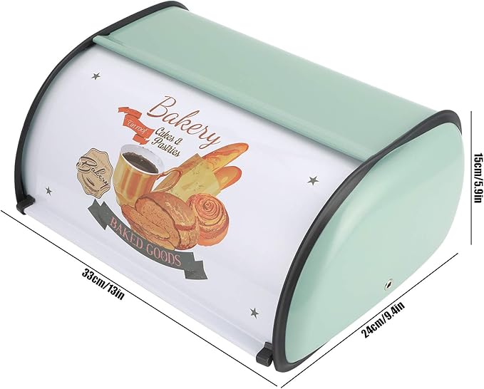 Roll Top Bread Box for Kitchen Counter - Metal Bin Retro Food Storage Container, 13"x9.4"x5.9" (Green)
