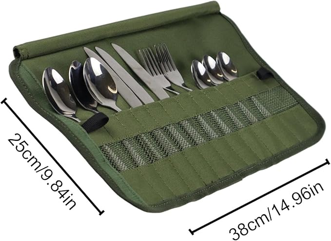 Cutlery Storage Bag,Portable Polyester Roll Up Pouch Bag For Forks, Spoons, Chopstick,Water Resistant Storage Kitchen Cooking Utensil Set Travel Organizer, Army Green