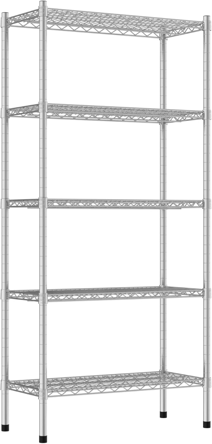 Commercial NSF Listed Chrome Stationary Wire Shelving Kit 14" x 30" x 64", with 5 Shelves Perfect for Warehouse, Walk-in Refrigerator, Freezer, Grocery Store, Restaurant, Dishroom