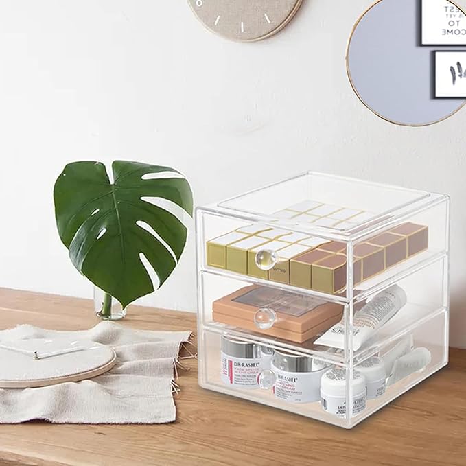 Makeup Drawer Organizer Box with 3 Drawers, Acrylic Cosmetic Display Case Vanity Organizer Jewelry Storage Box Stackable Storage for Cosmetics, Skin Care, Bathroom, Countertop, Clear