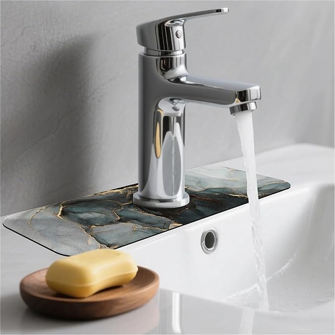 Kitchen Sink Splash Guard，Marble black gray gold- Faucet Mat Sink Gadgets-Super Absorbent Fast Drying Mat Drip Catcher for Kitchen, Bathroom,Sink Mat, Dish Drying Mat, Bathroom(15" X 5.5" )