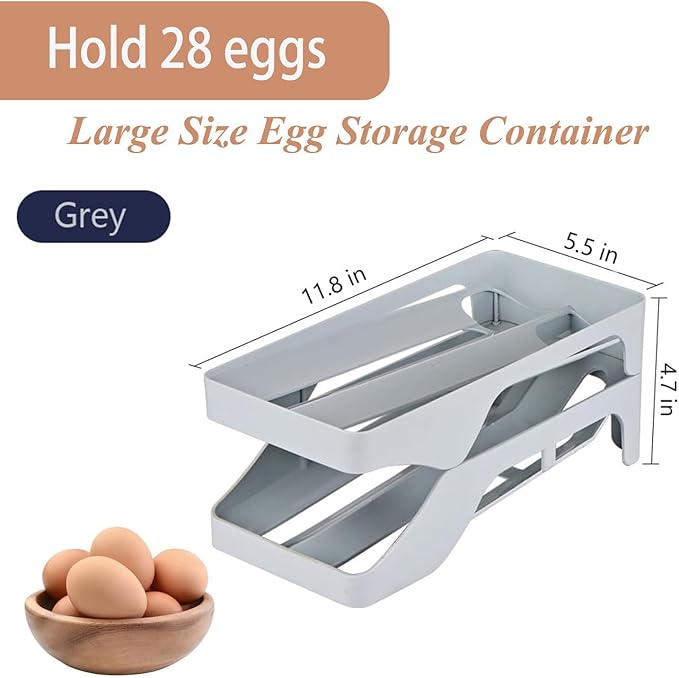 Egg Holder for Fridge,Automatic Rolling Egg Dispenser for Refrigerator Organizers and Storage,28 Egg Tray For Refrigeratorand Space Saving Storage for Gathering Fresh Egg Holder Countertop(grey)