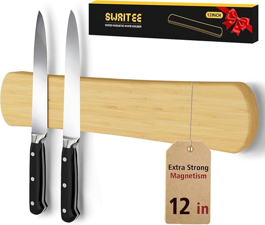 Magnetic Knife Holder for Wall, 12 Inch Bamboo Strong Magnetic Knife Strip, Small Kitchen Storage Space Savers, Rv Apartment Farmhouse Accessories Organizer, Housewarming Gifts for New Home