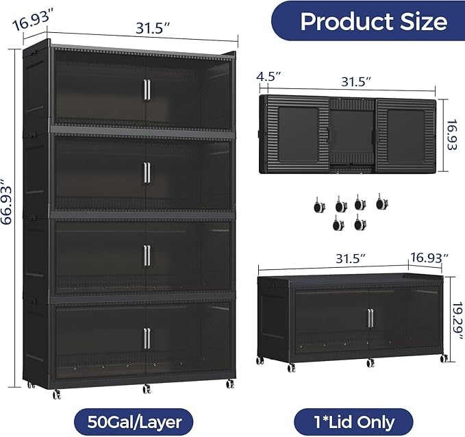 QAVABIN 200GAL Extra Large Storage Bins with Lid, 800QT Collapsible Organizer with Wheels, Stackable Closet Cabinet with Doors, Folding Storage Containers for Home, Office, Kitchen, 4Pack Black