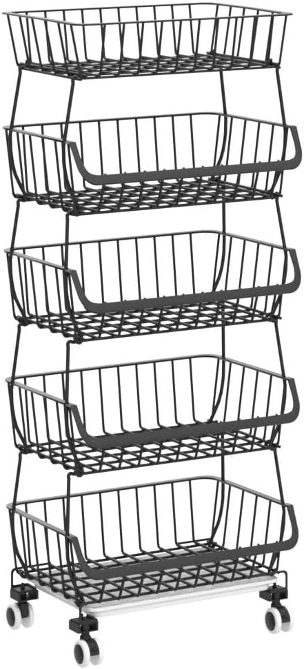 Metal Wire Baskets with Wheels, Stackable Storage Bins Kitchen Organizer Shelf 3-4-5-6 Tier Fruit Vegetable Cart Dishes Seasonal Rack Shelves for Garage, Pantry, Bathroom and Produce holder