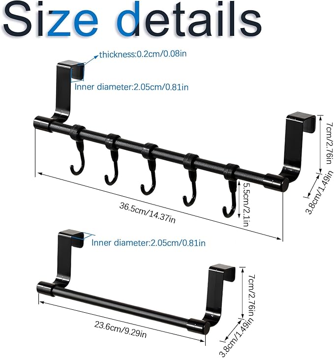 2Pcs Towel Holder, Over Cabinet Door Towel Rack with Hooks, Multi-Purpose Kitchen Towels Rack and Hanger Organizer for Sink Bathroom Pantry Door (Black)