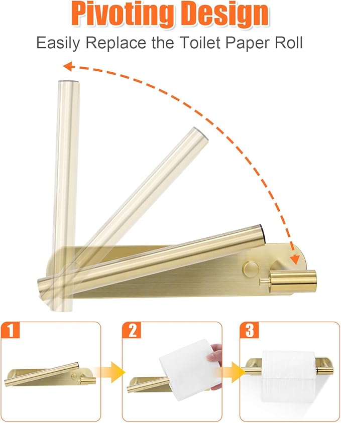 YUET Toilet Roll Holder, Self Adhesive or Screw in Wall Mounted Options, Double Post Pivoting Tissue Roll Holder, Stainless Steel Rustproof Stick On No Drilling Wall Mount for Bathroom, Brushed Gold