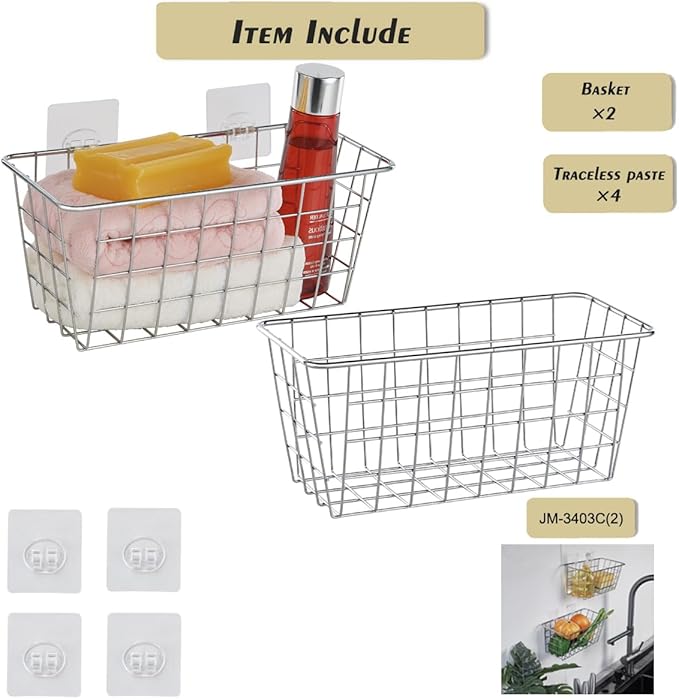 JUNCHU CHERRY 2 Pack Hanging Storage Basket, Bathroom Basket, Household Goods, with Traceless Tape, no Drilling, for Cabinet Storage, Kitchen, Bathroom, Storage Room,Chrome