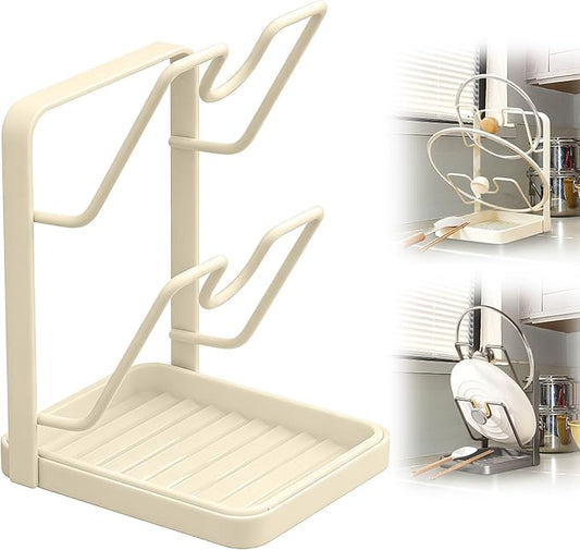 Kitchen Pot Lid Storage Rack, Pot-Lid Cutting Board Holder With Removable Drip Tray, Space-Saving Kitchen Pot Cover Organizer Stand for Countertop (White Double-layer)